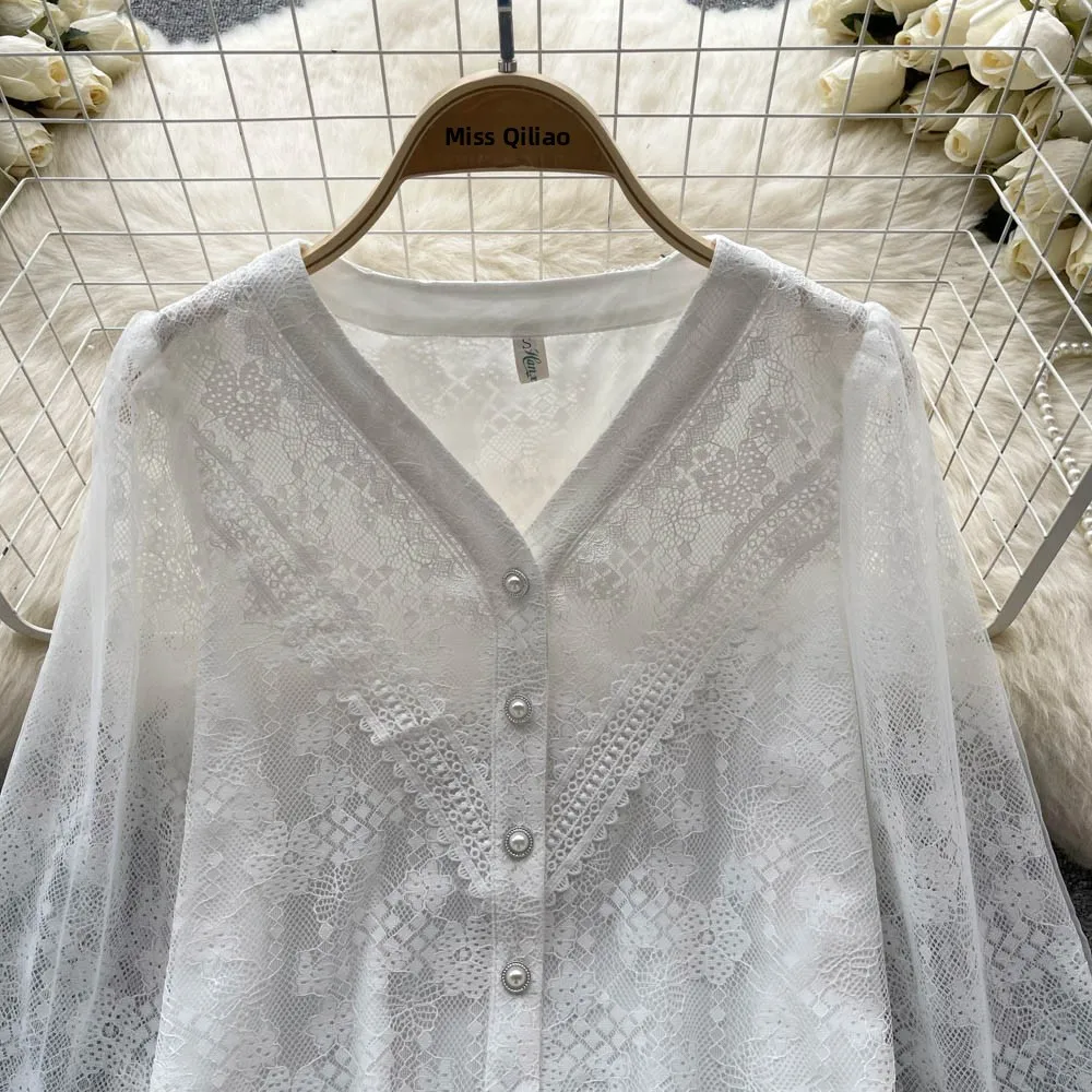 

Sweet V-ne Lace irt Women's Ele Luxury Lantern Sve Blouse Korean Sle Commute Pure Color Long Sve Open Cardigan