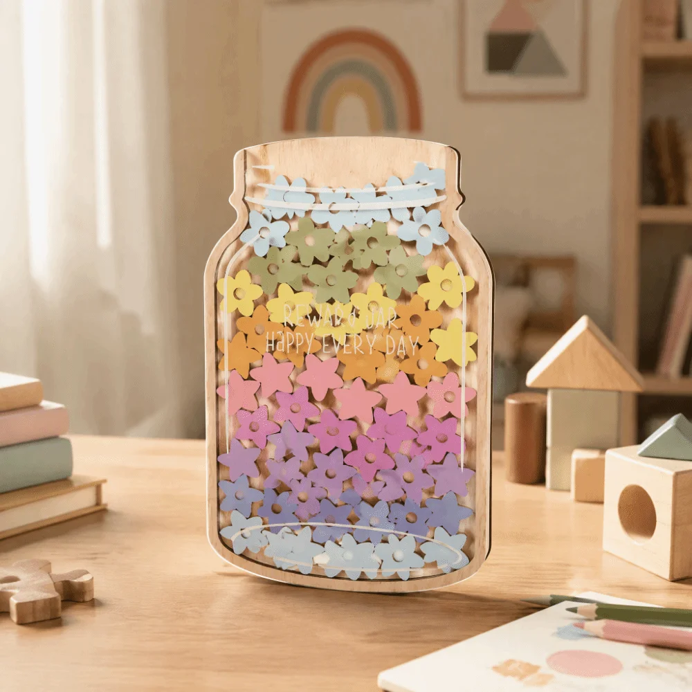 Multicolor Reward Jar Wooden 45Pcs Star Flowers Reward Savings Bottle Self-discipline Design Points Reward