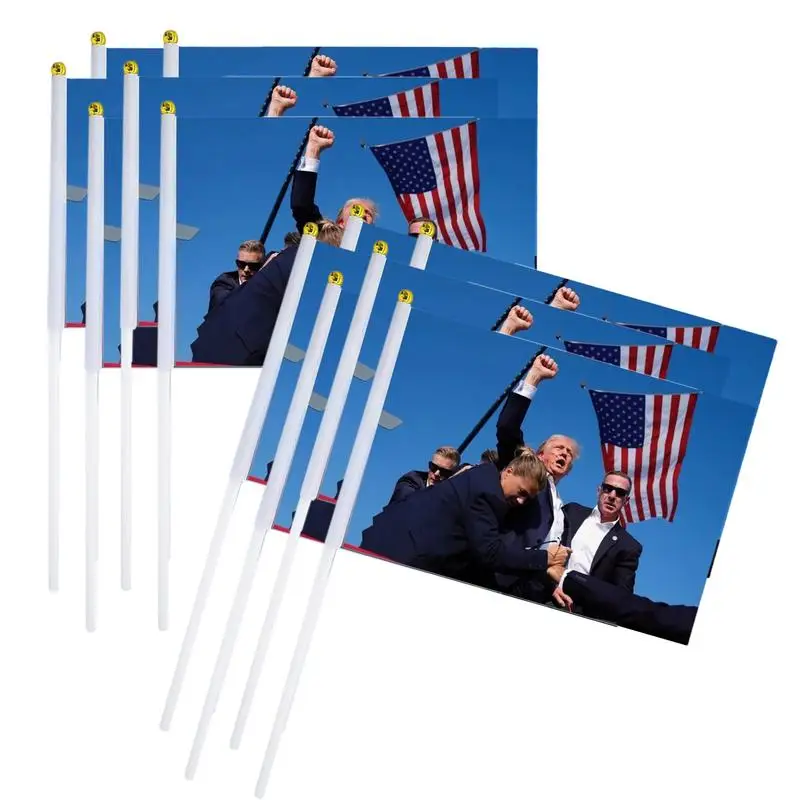 Assassination Flag 12pcs 14x21cm Trump Rally Shot Flags on Stick 2024 Election Handheld Flags Design for for Outside Decorations