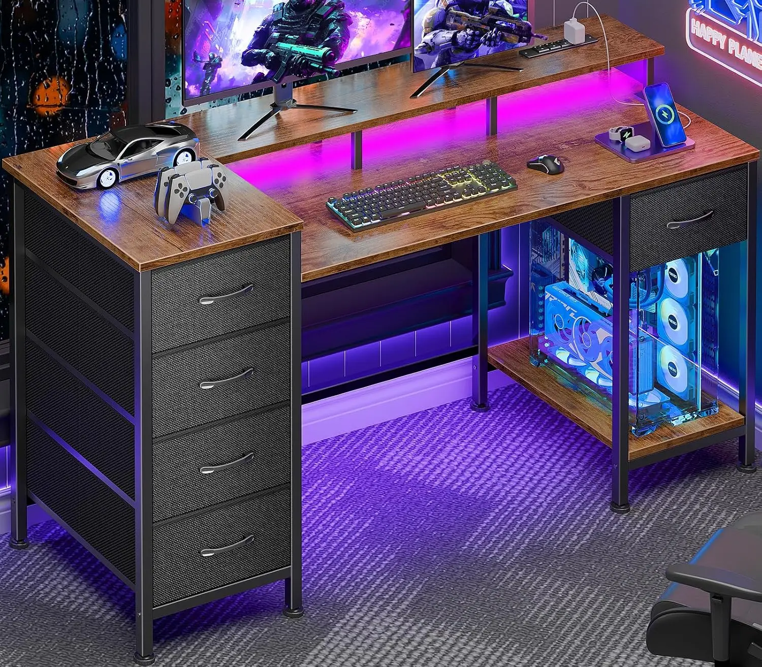 47 Inch Computer Desk with Power Outlets LED 5 Drawers Rustic Brown, Customized