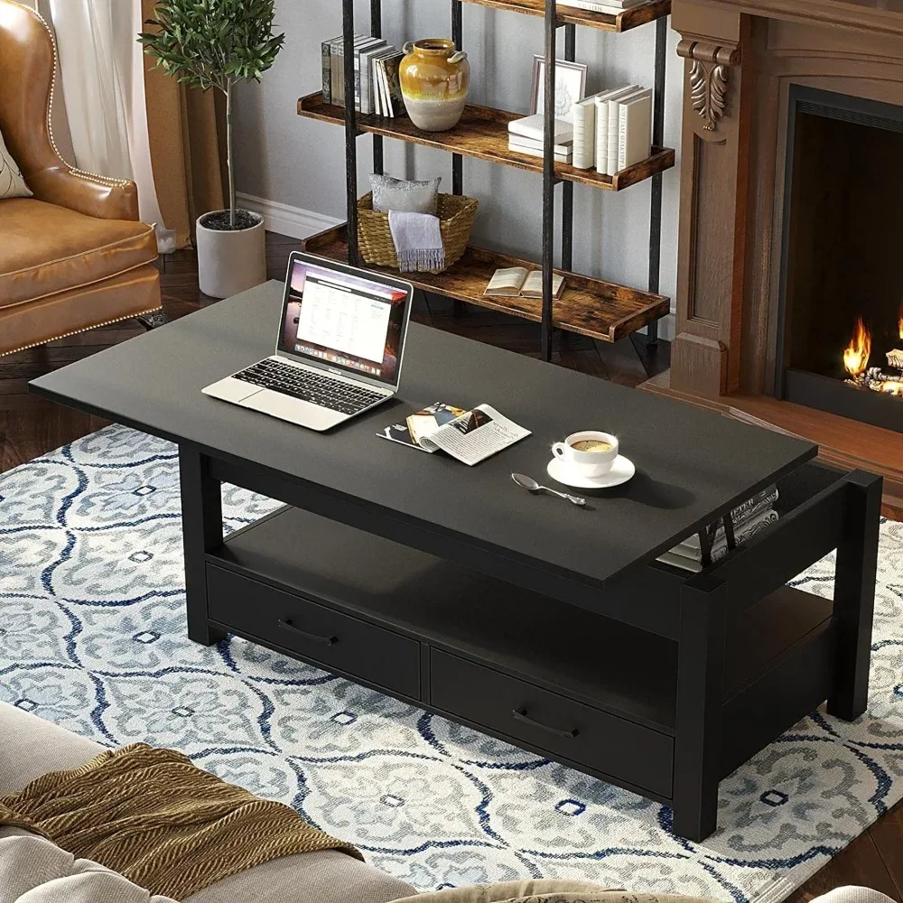 

Lift Top Coffee Table With Drawers and Hidden Compartment for Living Room Retro Central Table With Wooden Lift Tabletop Black