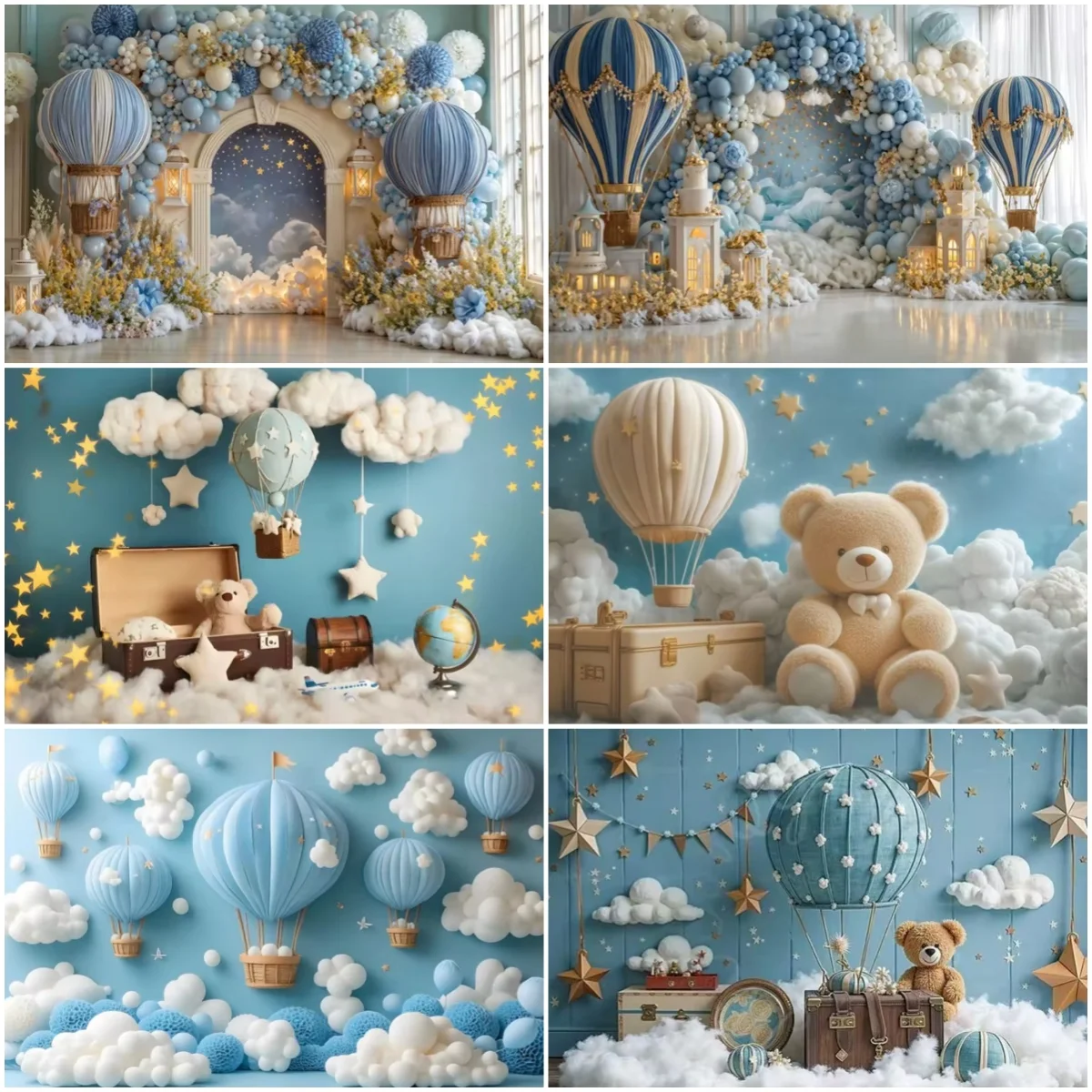 

Hot Air Balloon Bears Soft Cloud Theme Background Boys Girls Kid Birthday Party Decoration Backdrop Balloons Portrait Photo Prop