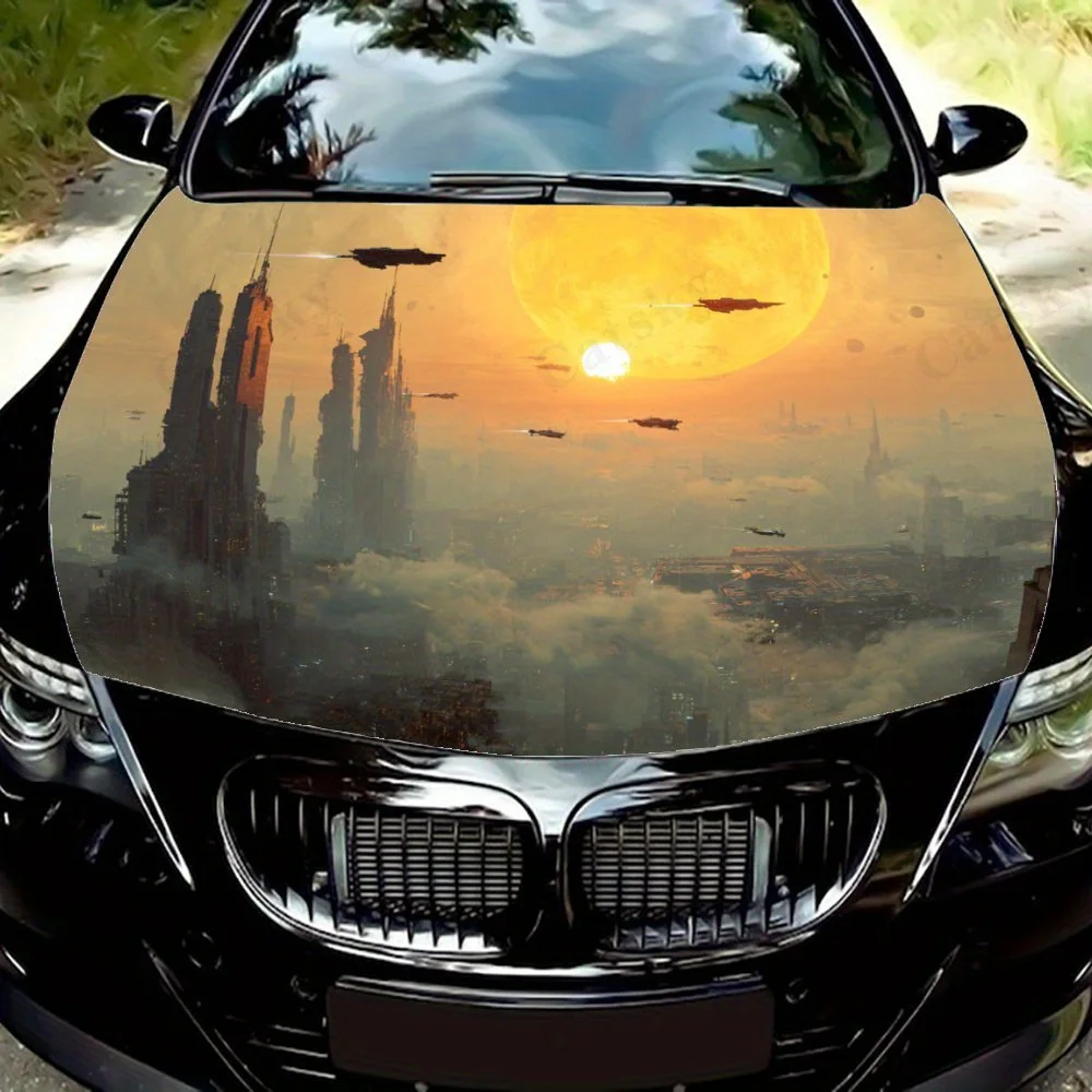 

Футуристический городской пейзаж с небоскребами. Виниловая пленка для автомобиля — брызгозащищенная наклейка из ПВХ для капота двигателя, легко снимается и прочный дизайн.