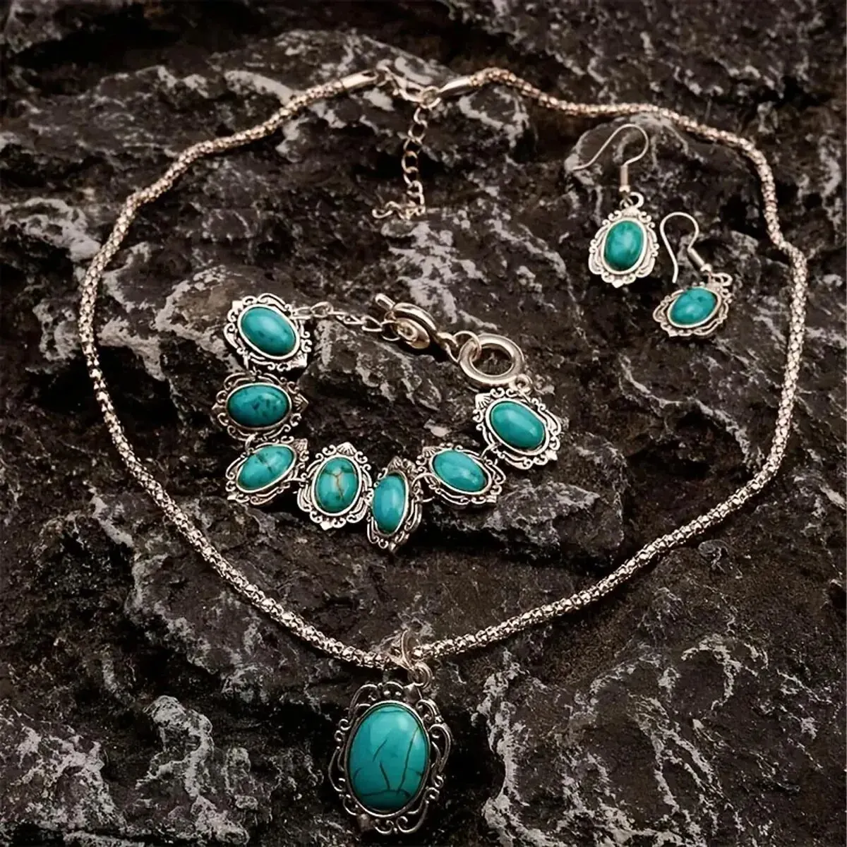 3-teiliges Damen-Set im Vintage-Stil, türkisfarbenes Armband, Halskette, Ohrringe, Heilstein, Dekoration, Geschenk (ohne Box) – Detail 8