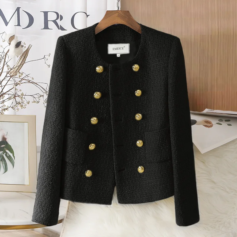 Double breasted Woolen Coat for Women\'s Autumn and Winter New Slim Fit Fashion Short Knit Thick Tweed Suit Jacket Blazer Yellow