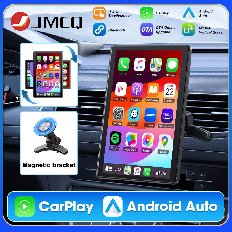 

Портативный 8-дюймовый экран Carplay для автомобиля, беспроводной Carplay Android Auto, горизонтальный и вертикальный экран, навигация, GPS, автомобильное радио