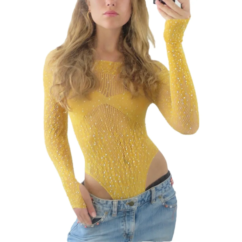 Body de malla ondulada amarillo para mujer, manga larga, cuello barco, transparente, ajustado, sexy, para discoteca, rave, festival, fiesta, SM42