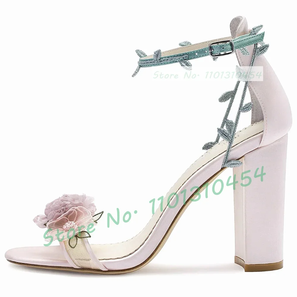 Flowers Block Heels Sandals With Leaves Strap Women Colorful Floral High Heels Pink Shoes Ladies Comfy Casual Party Dress Sandal