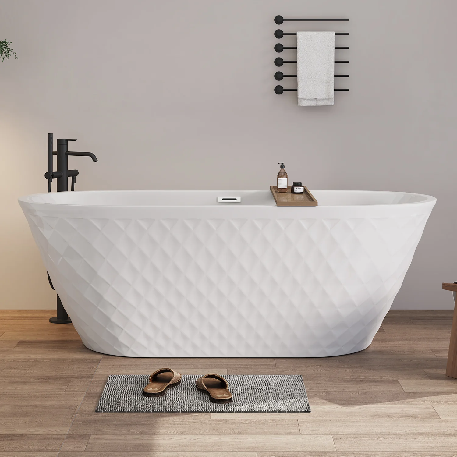 67'' acrylic freestanding bathtub with unique diamond pattern design  spacious oval shape, Gloss white finish, Chrome overflow a