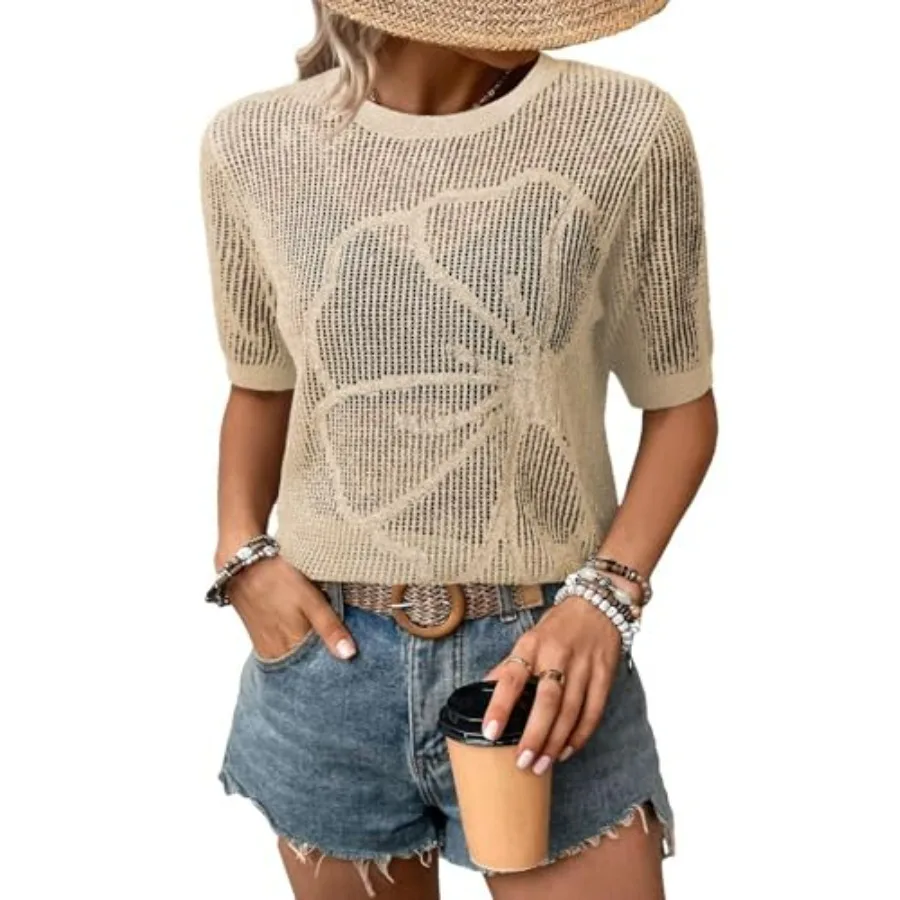 

Dokotoo Womens Summer Short Sleeve Crochet Tops Hollow Out Floral Sweaters Beach Vacation Cruise Outfits