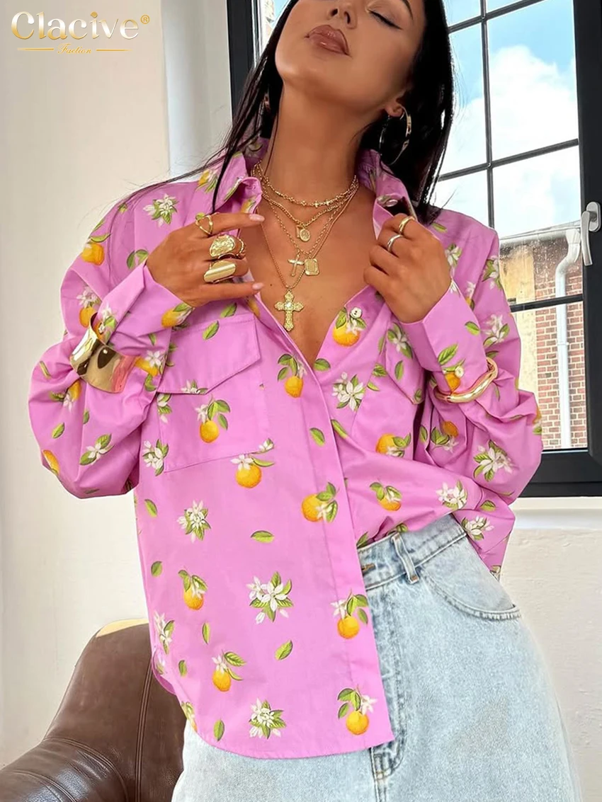 Clacive Fashion Loose Print Women's Shirt 2025 Casual Lapel Long Sleeve Shirts Elegant Classic Pockets Top Female Clothing