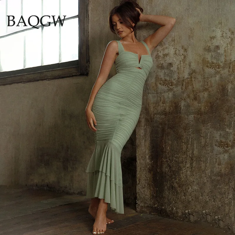 

Sexy V-Neck Backless Shirring Mermaid Straps Long Dress Elegant Women Strappy Slim Wrap Dress Blue Green Party Night Clubwear