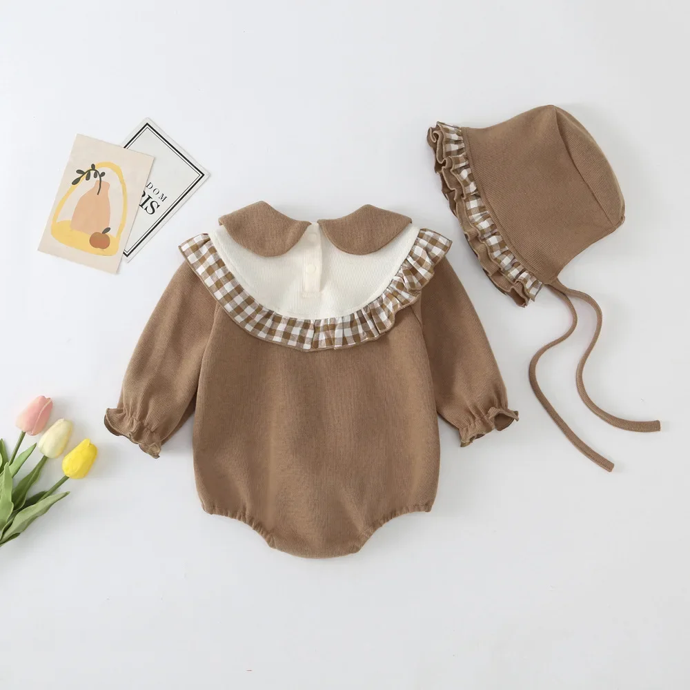 2023 frühling Kinder Baby Mädchen Nette Kleidung Säuglings Kleinkind Geraffte Cartoon Peter Pan Kragen Overalls Kleinkind Bodys + hut 0-24 M