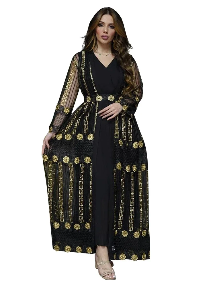 Eid Muslim Party Dress Women Caftan Abaya 2 Piece Set Embroidery Ramadan Abayas Kaftan Vestidos Cardigan Robe Dubai Arab Turkey