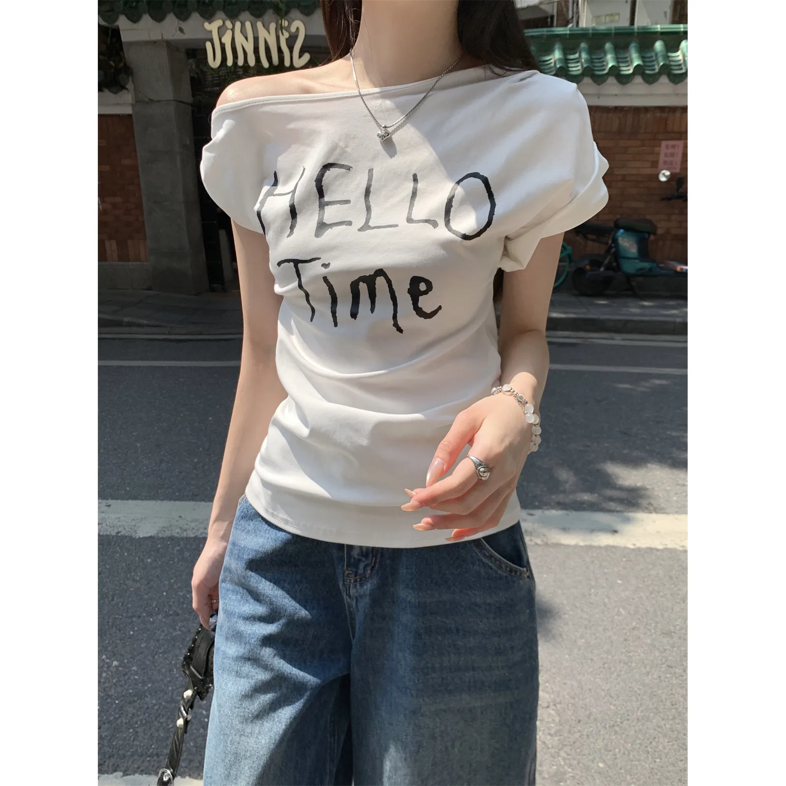 Off Shoulder Kpop T-shirts Letters Print Slim Tees Tops Vintage Y2K Korean Fashion Sexy Cute Cheap Clothes Woman White Tshirts