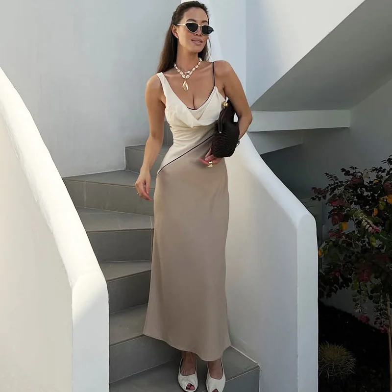 Ticketsx Summer V Neck Patchwork Ruched Sling Dress Contrast Color Backless Slim Dress Elegant Beach Vacation Female Vestidos