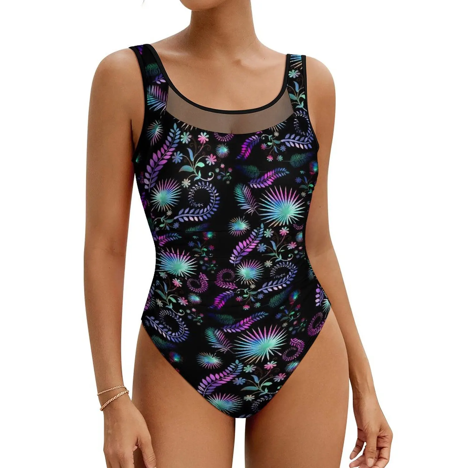 

Tropical Plant Swimsuit Sexy Palm Fronds One Piece Swimwear Push Up Bodysuit Trendy Surfing Bathing Suit