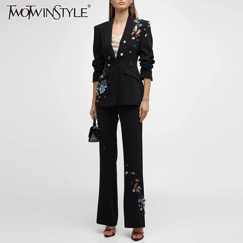 

TWOTWINSTYLE однотонный комплект из двух предметов с блестками для женщин, пиджак с длинными рукавами и лацканами, модные брюки с высокой талией, женская мода, новинка