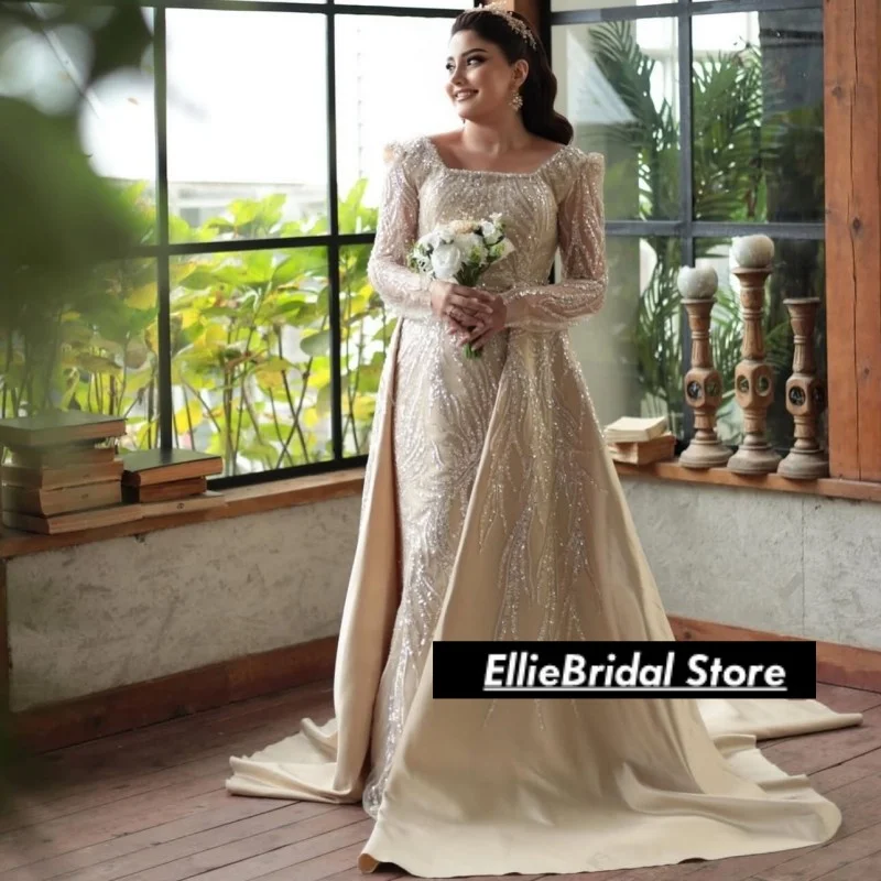 샴페인 스퀘어 넥 웨딩 드레스 럭셔리 스팽글 아플리케 탈부착 가능한 트레인 아랍 맞춤형 신부 드레스 베스티도 데 노비아