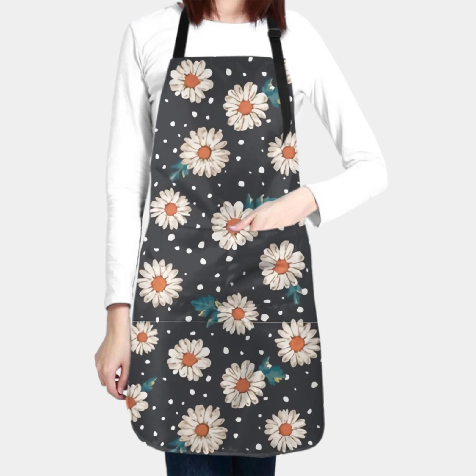 Cute Daisy Waterproof Apron with 2 Pockets Kitchen Chef Apron  Apron for Hair Brushing Cooking Baking Painting Gardening