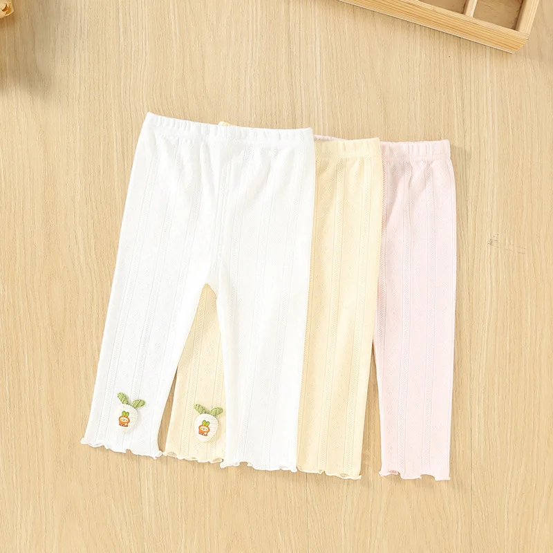 Summer Cute Baby Cotton Leggings Carrot Applique Ribbed Knit 9 Length Pants for Toddler Girls Ruffle Hem Casual Trousers