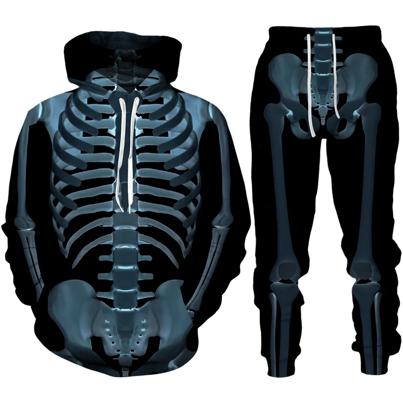 Men Tracksuit Set 3D Print Horror Skeletons Funny Halloween Skull Cosplay Hoodie+Pants 2pcs Sets Oversized Pullover High-quality