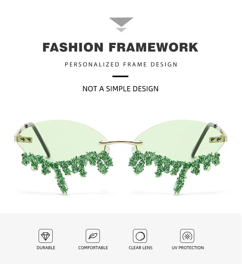 Diamant Randlose Sonnenbrille Damen Luxusmarke Strass Sonnenbrillen Sexy Tränenform Punk Party Eyewear Gafas De Sol – Detail 11