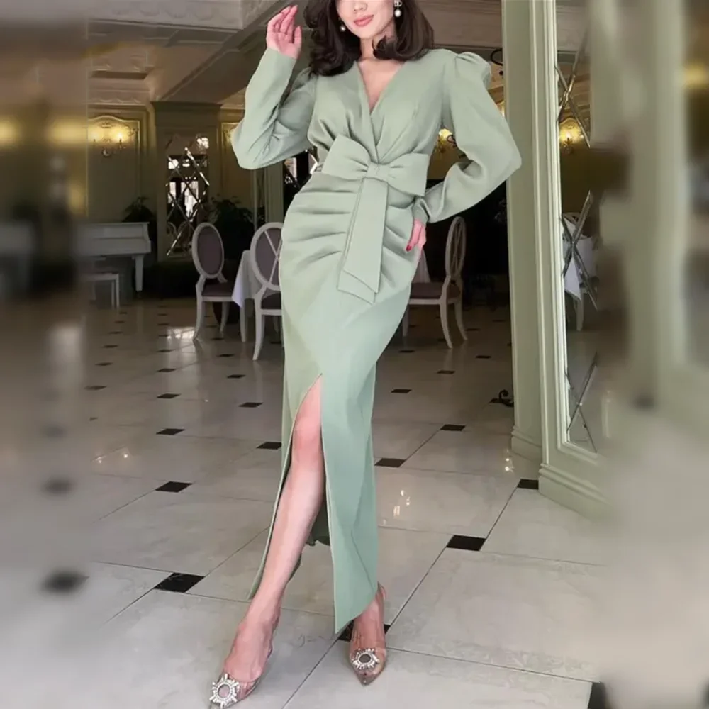 

Elegant mermaid V-neck pleated bow evening dress simple long sleeves floor-length sexy side slit PROM party formal occasion