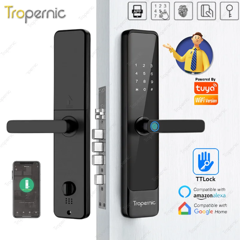 WiFi Tuya APP Remote Control Digital Biometrical Fingerprint Password RFID card Unlocking Electronic Smart Door Lock USB supply