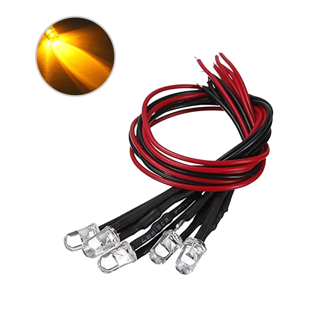 10 Stück 5 mm 12 V vorverdrahtete Lichtperlen, gelbe runde Glühbirne für RC-Autos, Dekoration, flexibles Kabel, geringer Stromverbrauch, lange Lebensdauer