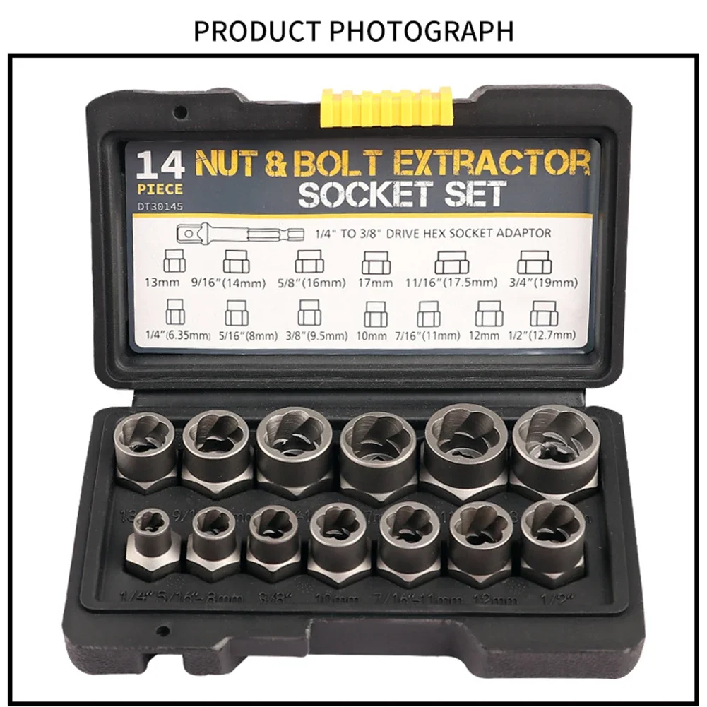 Imagem -06 - Impacto Parafuso e Nut Remover Grupo Cr-mo Steel Bolt Extractor Tool Estojo de Armazenamento Sólido para Industrial Drop Shipping 14 Pcs