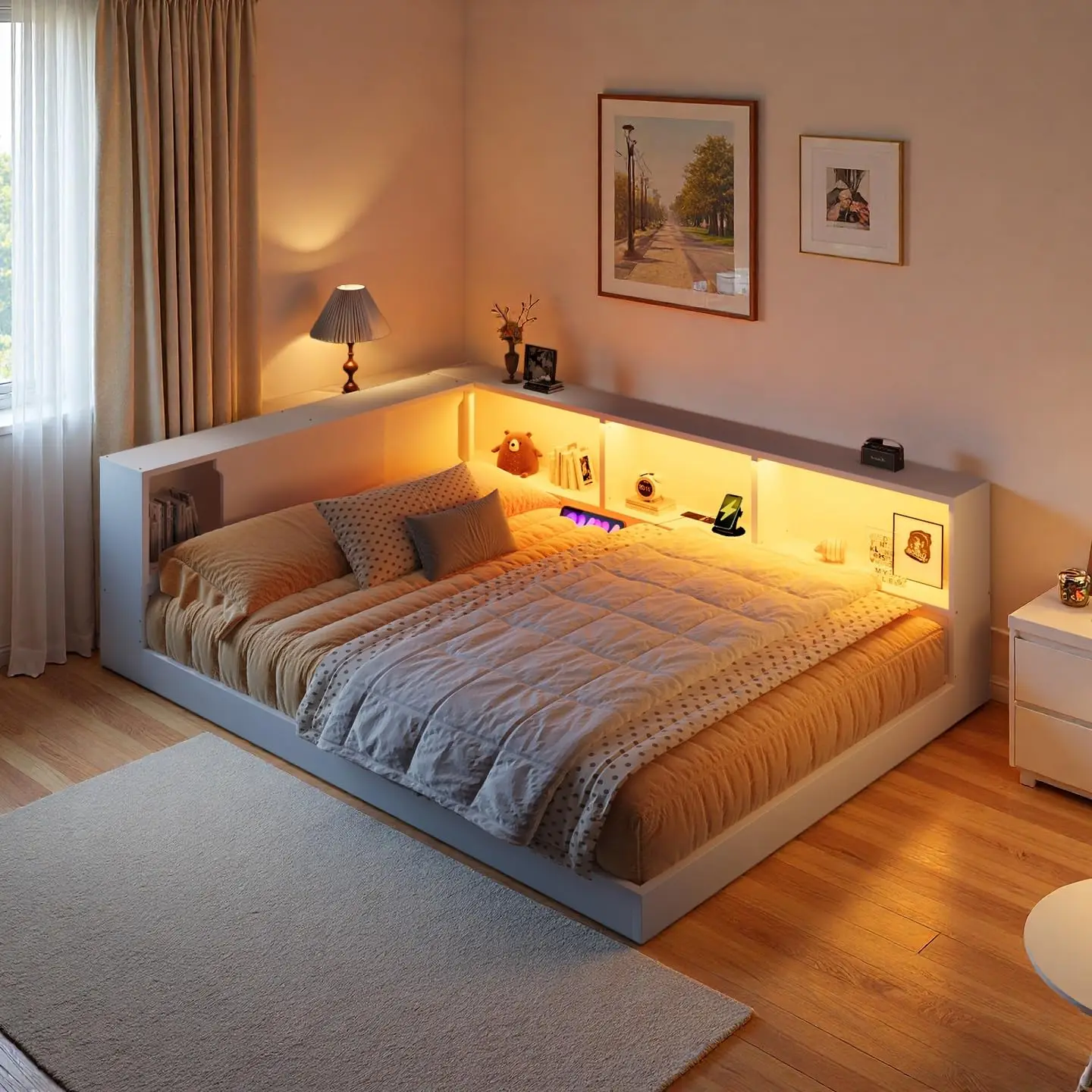 Queen Size Corner Bed with Bookcase, Wood L-Shaped Floor Daybed with LED Lights & USB Ports, Floor Corner Bed Frame, Customized