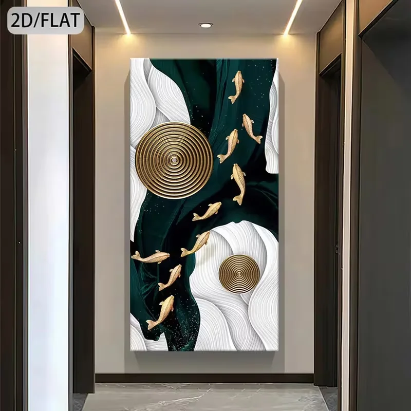 Large Canvas Wall Art Abstract Wall Decor Canvas Print - Black Green Golden Circular Design with Swimming Koi Fish, Modern Home