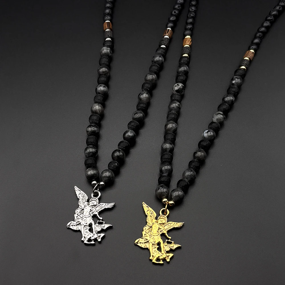 SAINT MICHAEL PROTECT US Archangel Stainless Steel Pendant Necklace for Women Men Hematite Beads Chain Catholic Amulet Jewelry