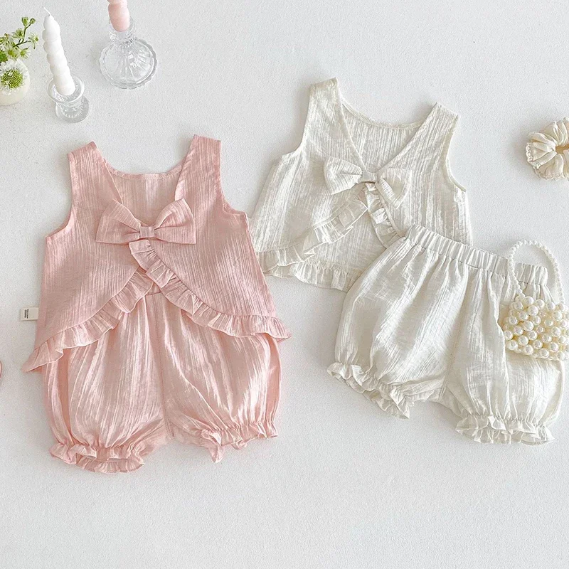 2025 nueva ropa de verano para niños, conjunto de ropa para niñas, chaleco sin mangas de Color sólido + Pantalones cortos, ropa para niños de 0 a 5 años