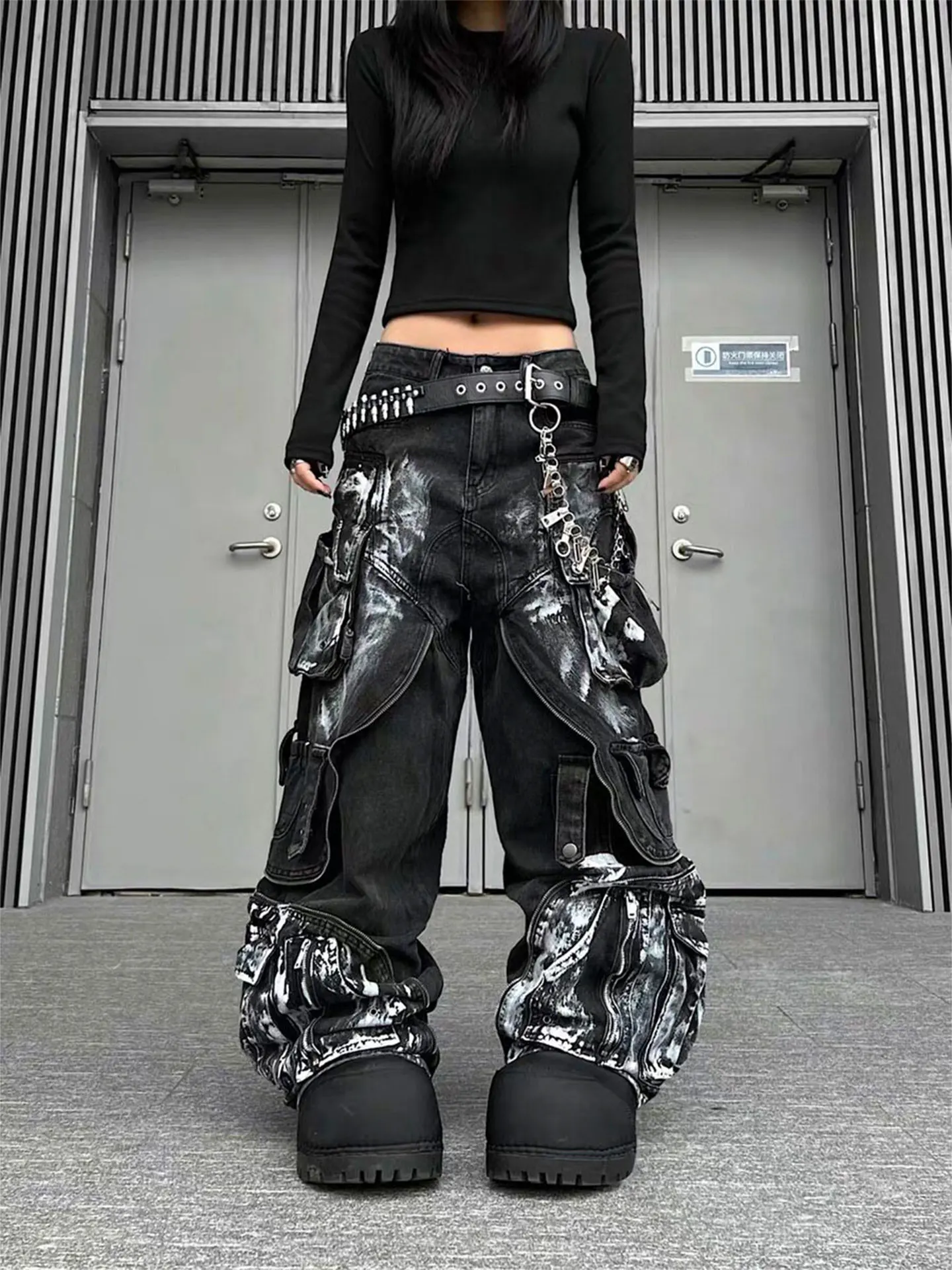 Retro Multi-Deconstructed Layered Dirt-Dyed Wide-Leg Jeans Women's High Waist Small Size Multiple Pockets Straight Leg Long P...