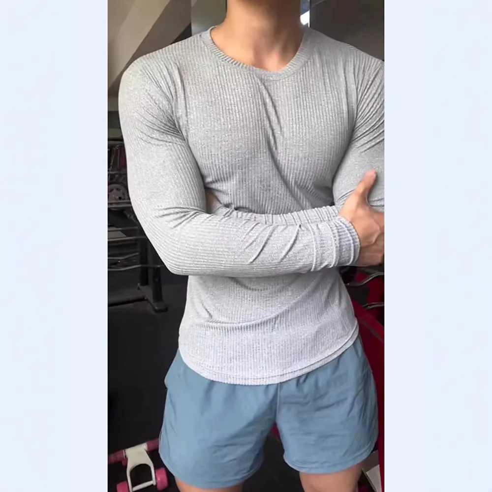 American Hardcore Ice Silk Ribbed High-Stretch Long Sleeve T-Shirt Men's Fitness Quick-Dry Base Layer Top