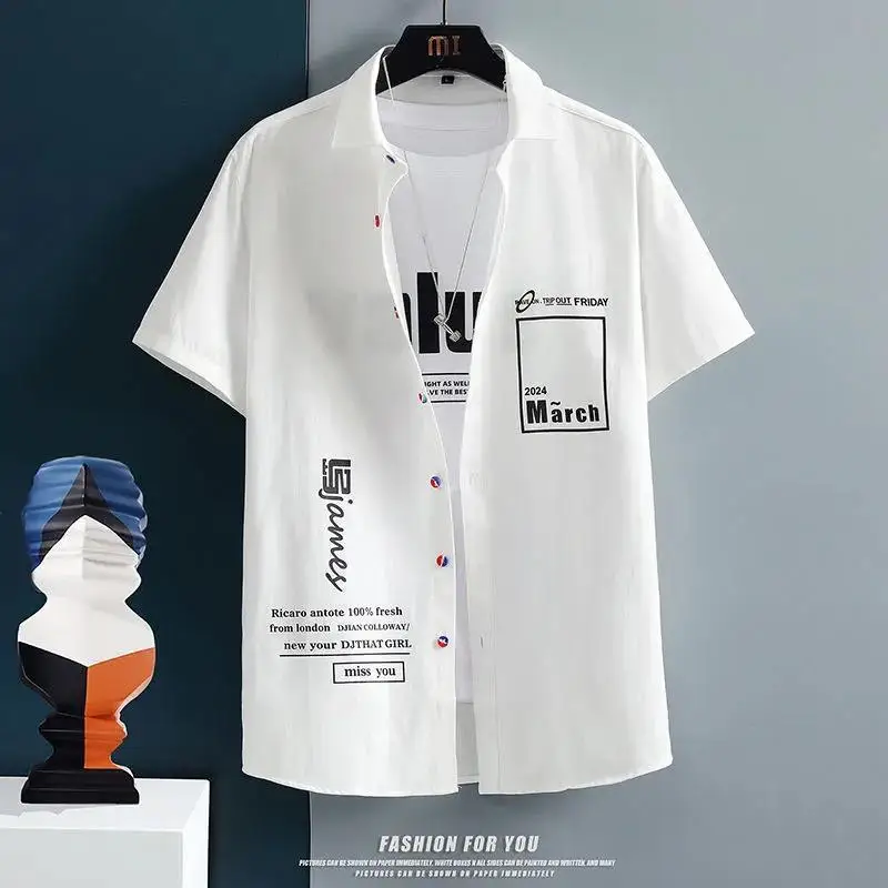 2024 Summer Korean Fashion Trend Flip Collar Single Breasted Letter Print Casual and Versatile Short Sleeve Washed Shirt for Men