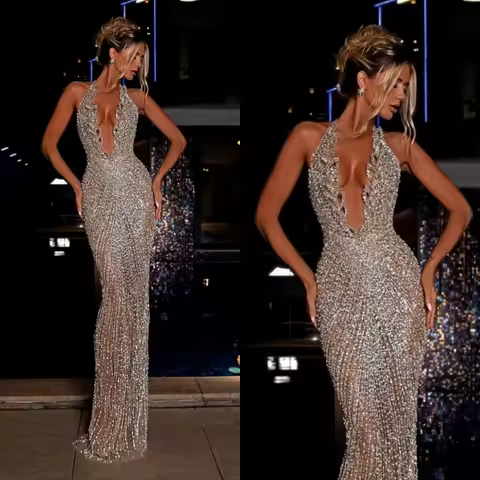 Gorgeous Sequined Halter Prom Dresses Elegant Sequined Appliques Evening Dress Floor Length Celebrity Party Gown Customized