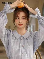 MISHOW Women's Blue Stripe Shirt 2024 Spring Fashion French Retro Bubble Sleeves Doll Neck Loose Tops Office Lady MXD12C0163