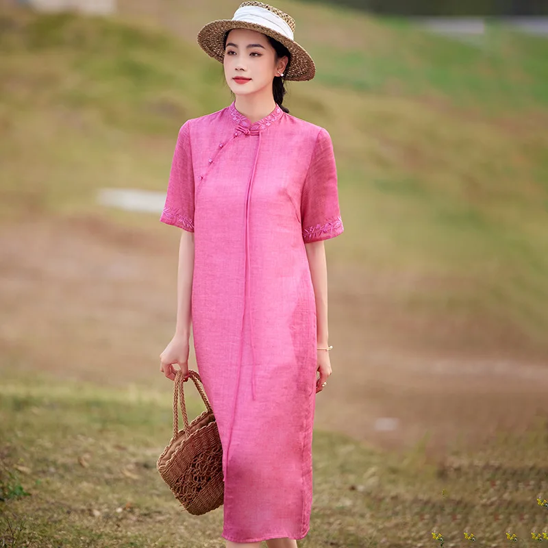 

Literary style lady improved cheongsam collar embroidery embroidery ramie thin dress fashion casual versatile simple temperament