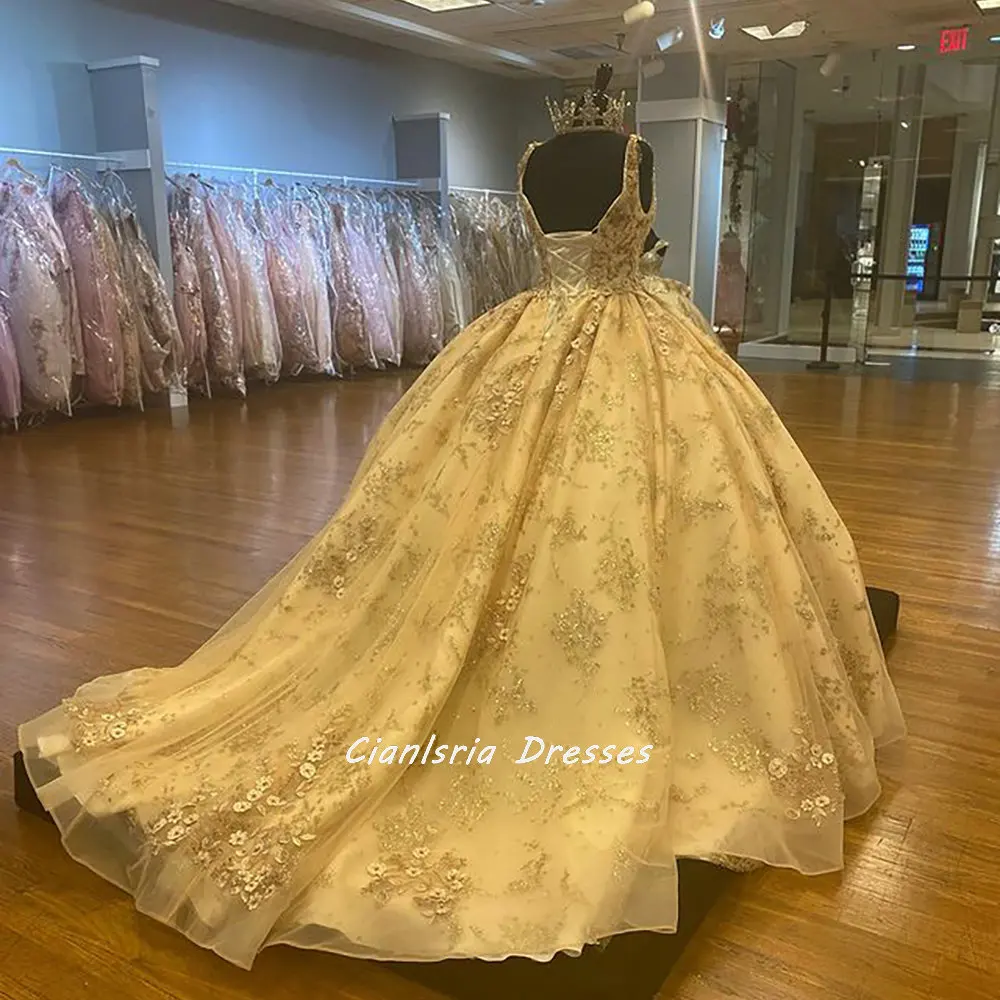 Vestido de fiesta de quinceañera con cuello en V dorado, con apliques florales de cristal, espalda abierta, perlas, sin mangas, 15