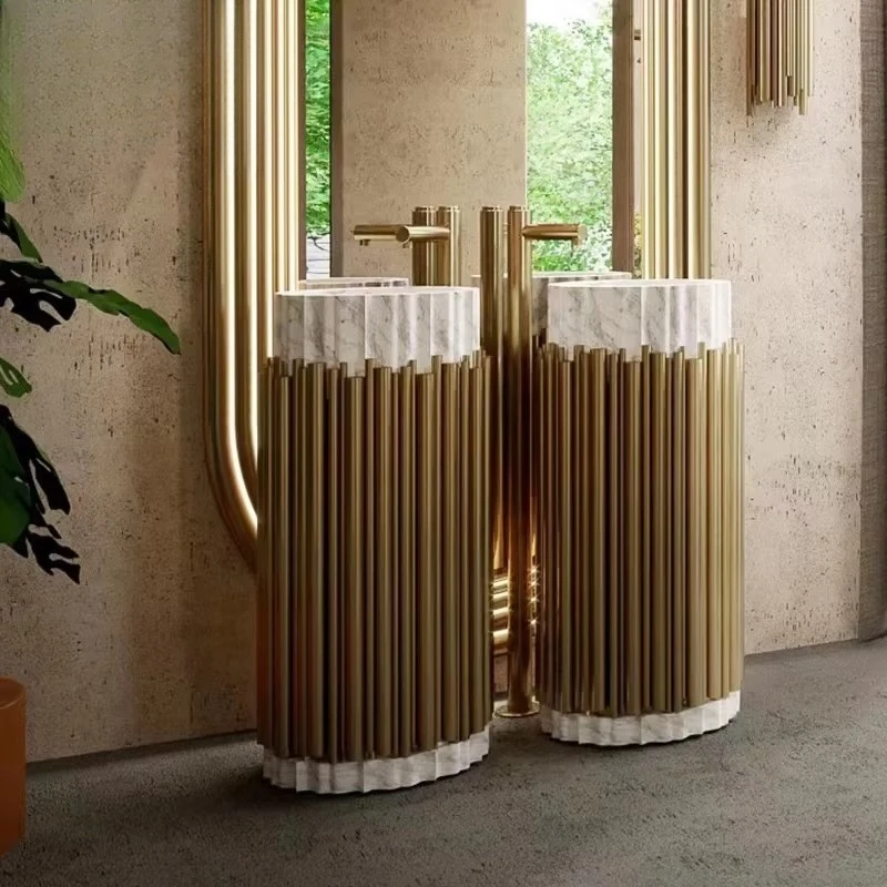 Luxury design freestanding sink stainless steel luxury gold pedestal wash basin bathroom marble stone sink