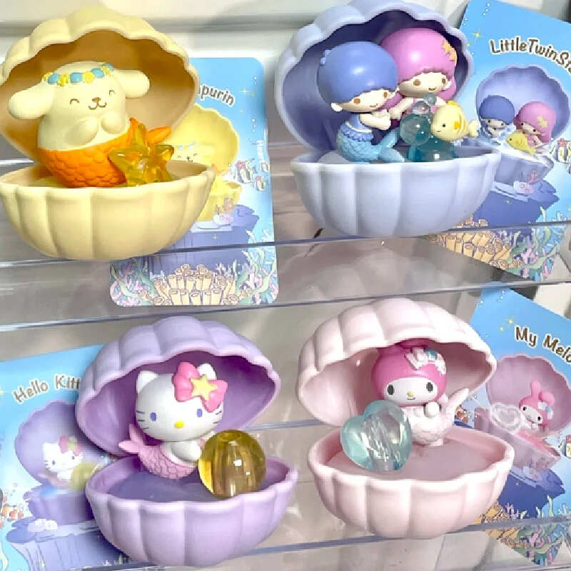Echte Sanrio Zeemeermin Shell Serie Blind Box Kuromi Hellokitty Melody Kawaii Model Mystery Box Little Twin Star Aangepaste Gift