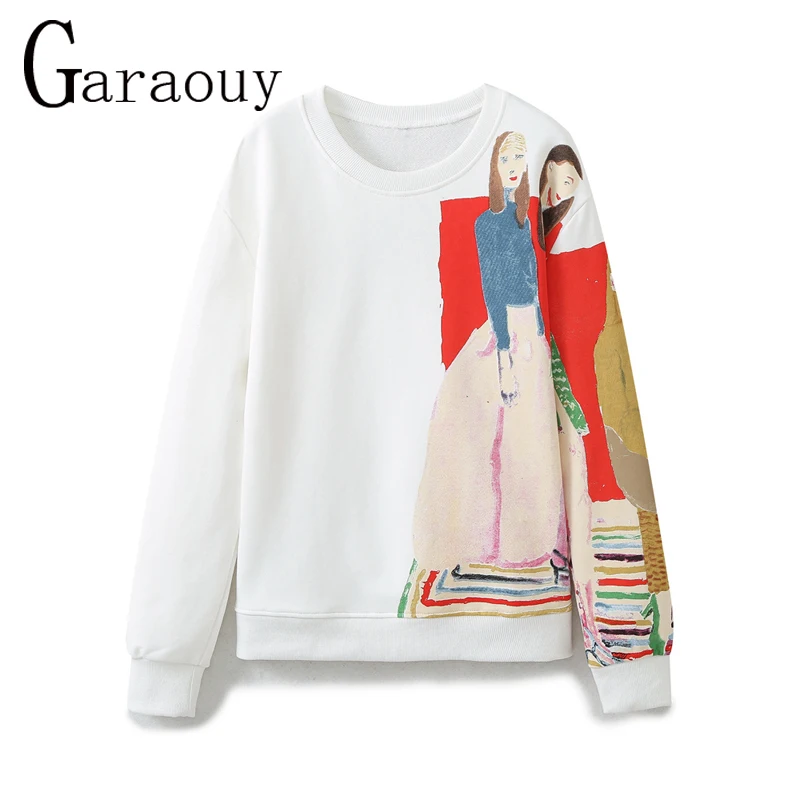 Garaouy Women\'s Spring 2024 New Fashion Joker Casual Loose Print Sweatshirt Vintage O-neck Long-sleeved Pullover Chic Top