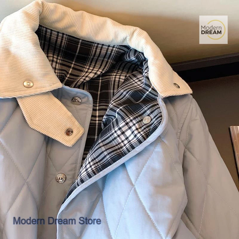 한국 블루 다이아몬드 패딩 숏 따뜻한 패딩 재킷 여성용 가을 겨울 신상 패션 기품 있는 스티칭 코튼 코트