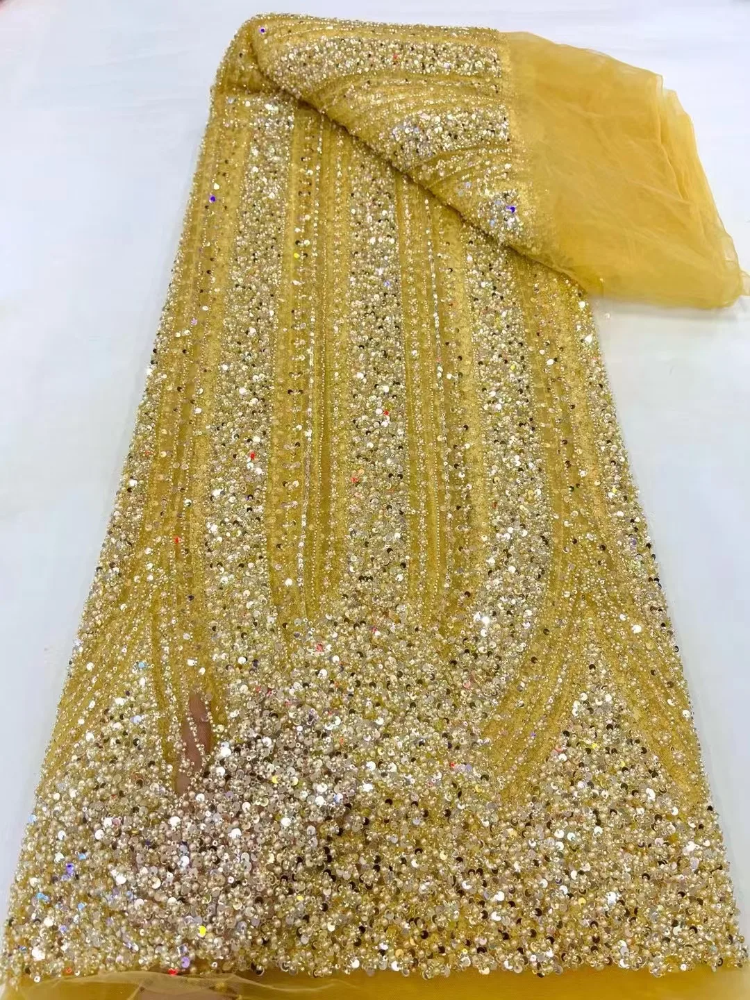 1 Yard Luxury african fabric for women French Tulle Lace Fabric with Sequins Beads High Quality for Nigerian Wedding Dresses view 3