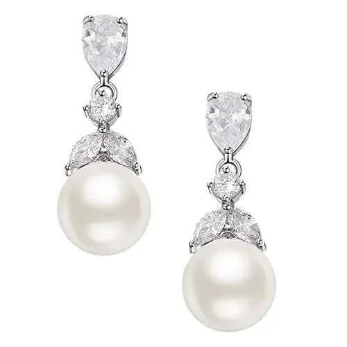 Classic Cubic Zirconia Pearl Stud Earrings Silver Water Drop Diamonds Ivory Pearl Stud Earrings for Women Jewelry Gift