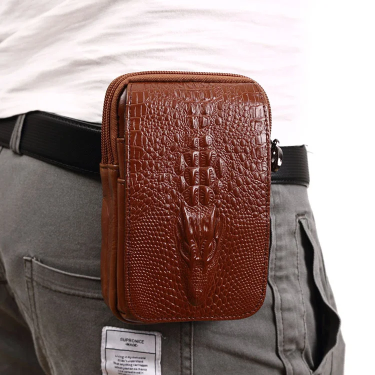 men\'s mobile phone waist bag leather wearing belt 5.56 inch Mini waist bag cowhide crocodile waist bag