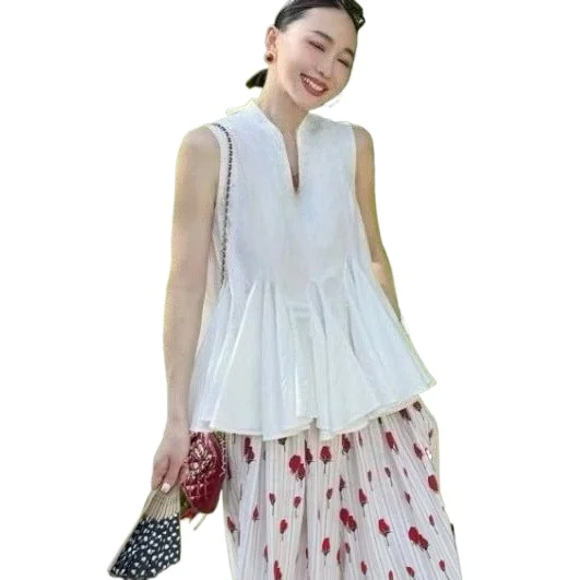 

French Style V Neck Sleeveless Blouse Women Summer Loose Top Flowy Hide Tummy Slim